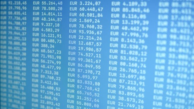 Euros Rows Of Banking Account Balance on Screen Background