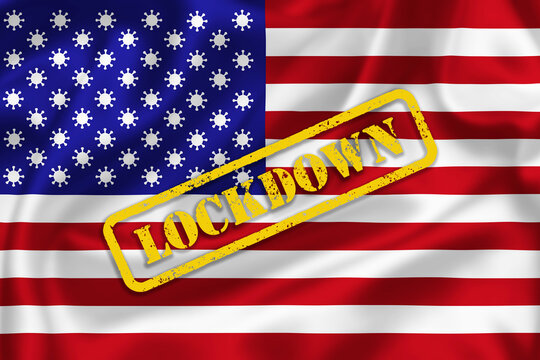 United States of America flag illustration with coronavirus signs instead of stars lockdown text. Illustration of Covid-19 pandemic in USA.