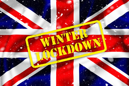 UK flag illustration with winter lockdown text and snowy background