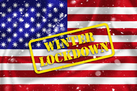 United States of America flag illustration with coronavirus signs instead of stars and winter lockdown text