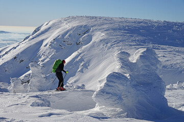 Woman ski mountaineer with large backpack riding snow covered ridge on sunny weather with blue sky,...