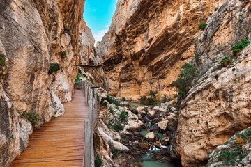 Caminito del Rey walking trail , Kings little pathway, Beautiful views of El Chorro Gorge, Ardales, Malaga, Spain.