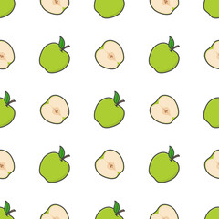 Green Apple Fruit Seamless Pattern On A White Background. Fresh Apple Vector Illustration