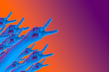 Fototapeta na wymiar Victory gesture hands in a surreal style in violet blue yellow neon colors. Modern psychedelic creative element with human palm for posters, banners, wallpaper. Magazine style template. Copy space.