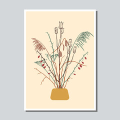 Card with modern abstract plant arrangement. Earthy colors.