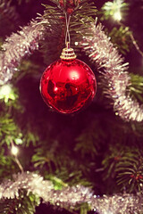 Christmas tree decoration detail,red glass painted ball, silver garland and small lights, soft focus