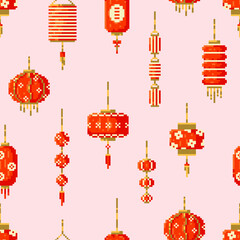 Fototapeta na wymiar Pixel art Chinese paper lanterns seamless pattern. Lunar new year decorations with asian seamless pattern. Repeat red, pink, golden color tile. Asian backdrop or background with 8 bit lantern pattern.