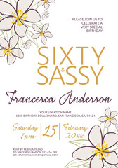 Sixty and Sassy 60th birthday party floral invitation. Vector design template with text. Celebration party invite for a sixtieth event. Elegant midcentury modern jasmine flowers on white background