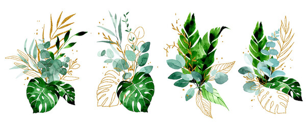 watercolor drawing. set of compositions, bouquets of tropical leaves. green and gold leaves of palm, monstera, banana. boho style decoration with shiny gold elements