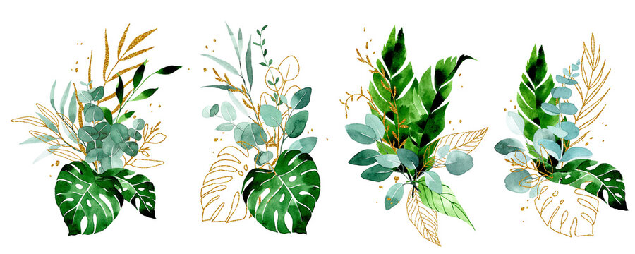 watercolor drawing. set of compositions, bouquets of tropical leaves. green and gold leaves of palm, monstera, banana. boho style decoration with shiny gold elements © Татьяна Гончарук