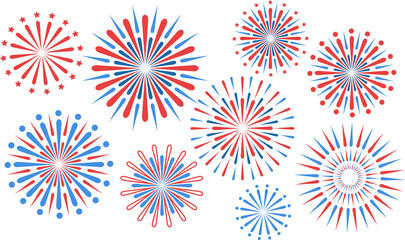 Obraz premium Set of festive fireworks blue and red. Collection of different geometric shapes and ornaments. Flat vector illustration isolated on a white background.