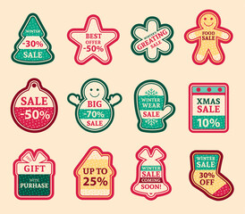 Christmas stickers. Christams tree, snowman, mitten and other christmas attributes vector illustration.. Icon set