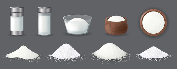 Realistic salt. Grains powder and piles of edible sea mineral crystals. Glass jar for spices. Ingredients for cooking concept. Vector illustration
