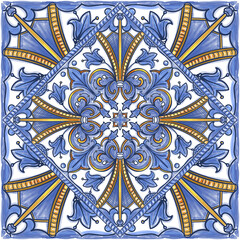 Azulejos - Portuguese tiles blue watercolor pattern. Traditional tribal ornament. Capri Maiolica. Delft Blue and White