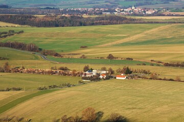Obraz premium View of Rajnochovice railway station and Vsechovice village from Kunovice Hurka hill. East Moravia. Europe.