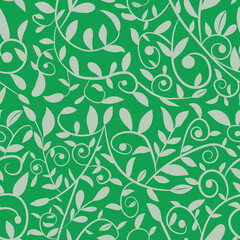 Beautiful swirly leaves seamless pattern in white silhouette style on green background. Great for wallpaper, fabric, textile and home décor. 