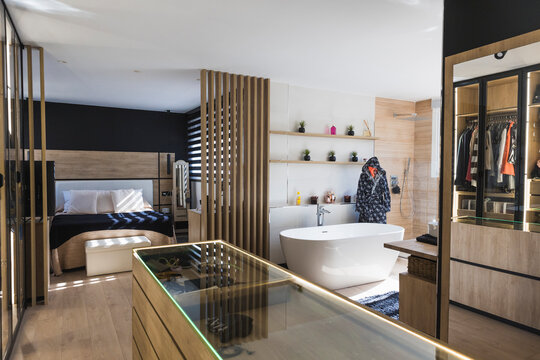 Interior of modern apartment with bed and bath