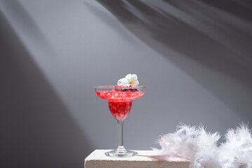Glass of pomegranate margarita with flower blooms near near feathers