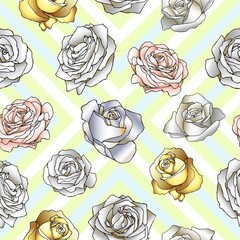 Seamless pattern with the image of flowers gold and pink roses on a green background.