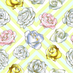Seamless pattern with the image of flowers gold and pink roses on a green background.