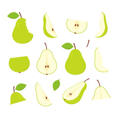 Cute green pear set. Flat fresh sliced pears collection. Slices, whole and half fruits. Vector isolated on white.