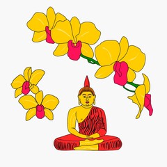 Vector Buddhism icon meditating Buddha. Golden Buddha