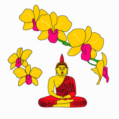 Vector Buddhism icon meditating Buddha. Golden Buddha