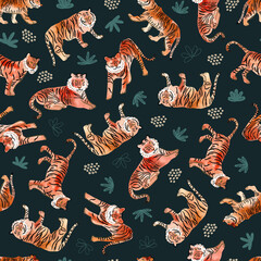 Watercolor tigers on dark background, wild animals seamless pattern - 477484919