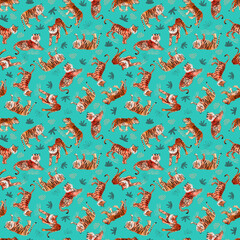 Wild animals seamless pattern, watercolor tigers on turquoise background - 477484921