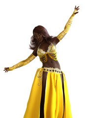 3D Belly dancer black skinned girl in yellow outfit