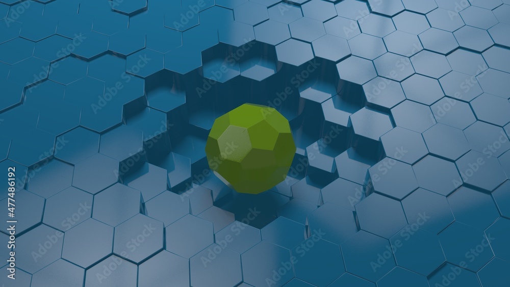 Poster 3d rendering of an abstract geometric background. an uneven surface of many blue hexagons of differe