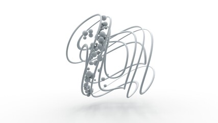3d rendering of a spiral shape, grid, abstract geometric figure isolated on a white background. The grid is filled with spheres, lots of balls of different sizes. Futuristic design.