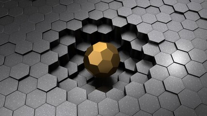 3d rendering of an abstract geometric background.  The surface is made of many metallic, silver hexagons with reflections. A golden ball, a low-polygonal figure, a primitive on the surface.