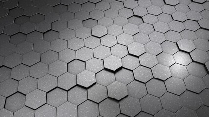 3d rendering of an abstract geometric background.  The surface is made of many metallic, silver hexagons with reflections.