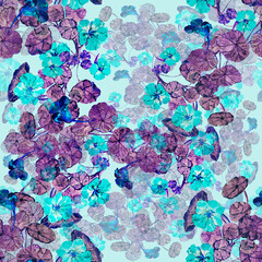 Seamless pattern with watercolor flowers on blue background.