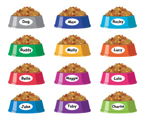 vector set of colorful plastic dog bowls with dog food and popular dog names
