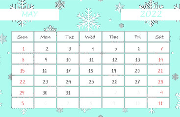 Calendar May 2022. calendar template with snowflakes. Isolated on blue background. Week starts sunday.