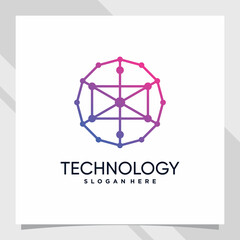 Creative technology logo design with cube concept and line art style and dot