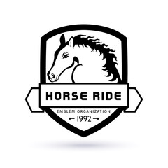 Horse Riding logo. Equestrian sport . Horse show jumping emblem, logo, icon. Black and white vector.