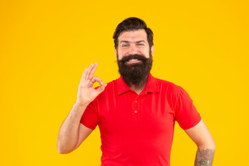 happy hipster male with beard showing ok gesture on yellow background, hairstyle