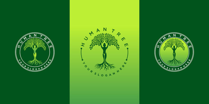 Set of human tree logo design template with green gradients colour concept Premium Vekto