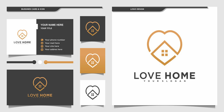 Minimalist love home logo with unique line art style and business card Premium Vektor