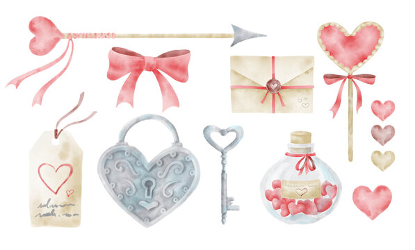 Watercolor set of Heart Shaped elements for Valentines day design. Hand drawn illustration for Wedding greeting cards. Cupid arrow, Love potion, bow, lollipop, retro lock and key, letter and label