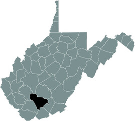 Black highlighted location map of the Raleigh County inside gray administrative map of the Federal State of West Virginia, USA