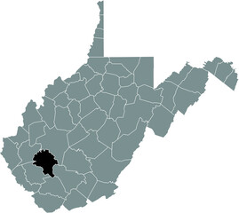 Black highlighted location map of the Boone County inside gray administrative map of the Federal State of West Virginia, USA