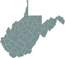 Gray vector administrative map of the Federal State of West Virginia, USA with white borders of its counties