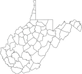 White blank vector administrative map of the Federal State of West Virginia, USA with black borders of its counties