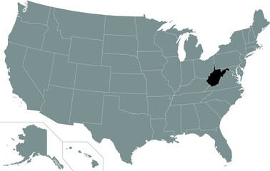 Black highlighted location administrative map of the US Federal State of West Virginia inside gray map of the United States of America