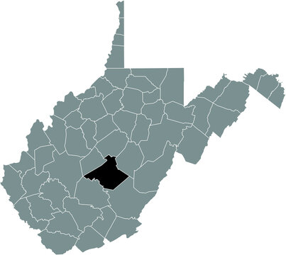 Black highlighted location map of the Nicholas County inside gray administrative map of the Federal State of West Virginia, USA