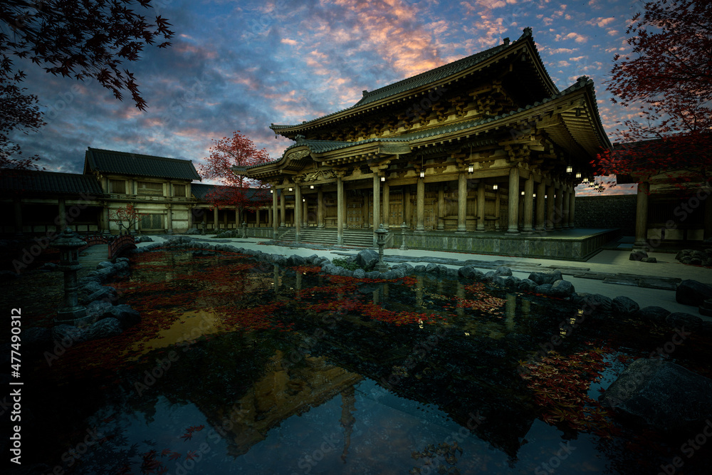 Poster Old Japanese temple building with sunset sky behind and reflection in a lake in the foreground. 3D rendering.